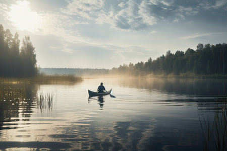 Fisherman in a boat on the lake at sunrise. Finlandの素材