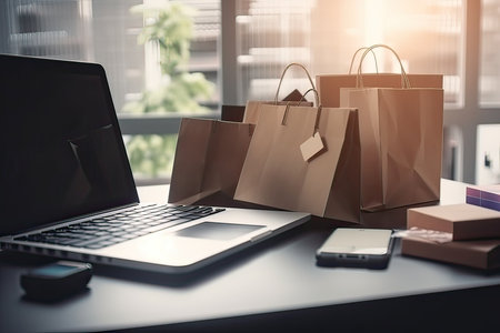 Shopping bags and laptop on office desk. Online shopping concept.の素材