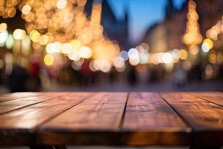 Wooden table in front of blurred background of night city with bokehの素材