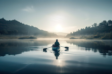 Man kayaking on the lake in the morning. Beautiful landscape.の素材