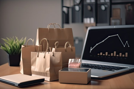 Shopping bags and laptop on the desk. Online shopping concept.の素材