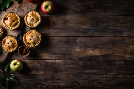 Homemade apple pie on wooden background. Top view with copy spaceの素材