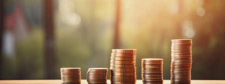 Stacks of coins on table with blurred background, business growth concept.の素材
