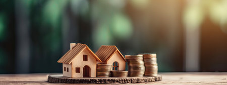 Miniature house model and coins stacks on wooden table. Real estate investment concept.の素材