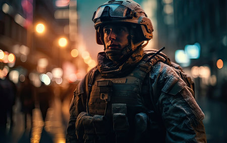 Portrait of a special forces soldier on the street at night.の素材