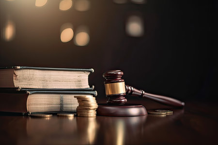 Law theme, mallet of judge, wooden gavel, stack of coinsの素材