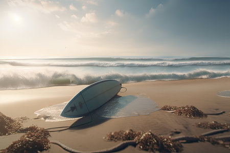Surfboard on the beach at sunset time. Vintage style.の素材