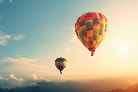 Hot air balloon flying over the mountains at sunset. 3d renderingの素材