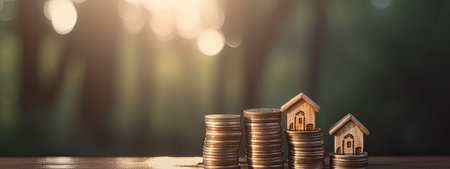 Real estate and property investment concept. House model on coins stack with bokeh background.の素材