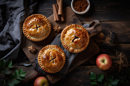 Homemade apple pie with cinnamon and anise on a wooden backgroundの素材