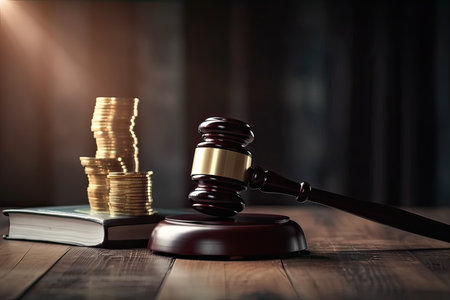 Gavel and stack of coins on wooden table. Law and justice conceptの素材