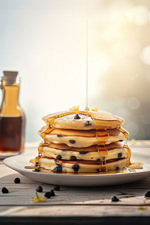 Pancakes with blueberries and maple syrup on a wooden tableの素材