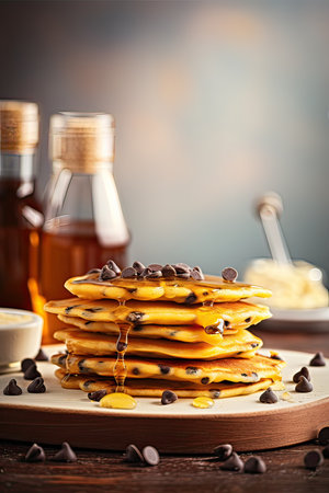 Stack of delicious pancakes with chocolate and syrup on wooden table, closeupの素材