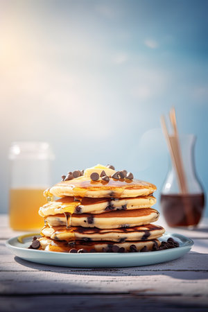 Stack of pancakes with chocolate chips and honey on a wooden table.の素材