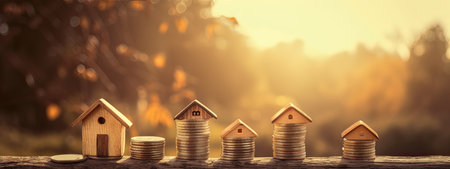 Wooden house model and coins stacks on wooden table with blurred nature background, saving money for buy a house concept.の素材