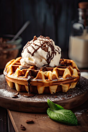 Belgian waffles with ice cream and chocolate sauce on wooden backgroundの素材