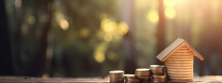 House model and coins on wooden table with bokeh background. Real estate and investment concept.の素材