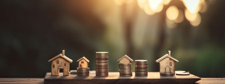 Miniature house and coins stack on wooden table with sunlight bokeh background, Saving money for buy house concept.の素材