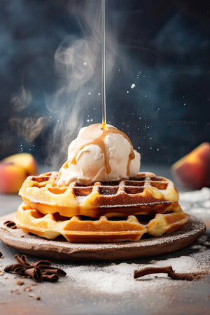 Belgian waffles with ice cream and caramel sauce, selective focusの素材