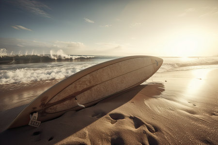 Surfboard on the beach at sunset.Vintage style.の素材