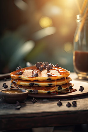 Pancakes with chocolate on a wooden table. Toned.の素材