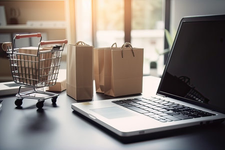 Shopping cart and shopping bags on laptop. Online shopping concept.の素材