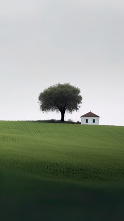 Lonely tree in the middle of a field with a houseの素材