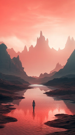 Fantasy alien planet. Mountain and lake. 3D illustration.の素材