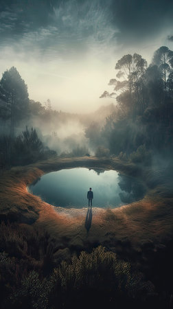 Mysterious foggy forest with a man standing in a lakeの素材