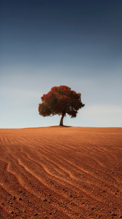A single tree in the middle of a red field under a blue skyの素材