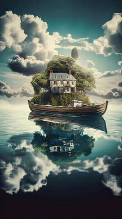 Fantasy landscape with a house on the island in the sea.の素材
