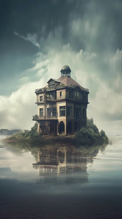 abandoned house on the river with dramatic sky, retro styleの素材