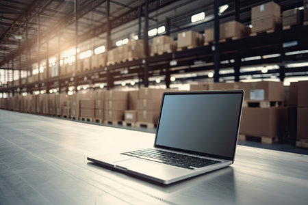 Laptop with blank screen in warehouse. Mock up, 3D Renderingの素材