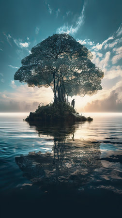 Silhouette of a tree on a small island in the sea.の素材