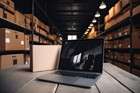 Laptop on a wooden table in a warehouse. 3d renderingの素材