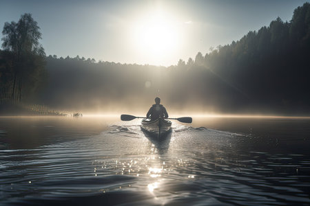 Silhouette of a man in a kayak on the lake at sunriseの素材