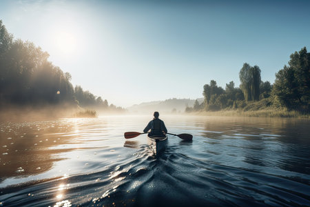 Silhouette of a man kayaking on the river at sunrise.の素材