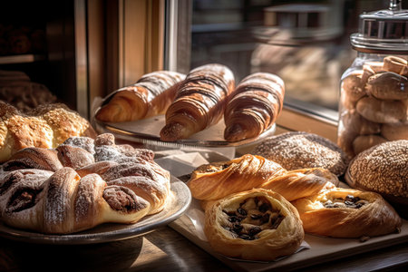 Freshly baked croissants on a table in a bakery.の素材