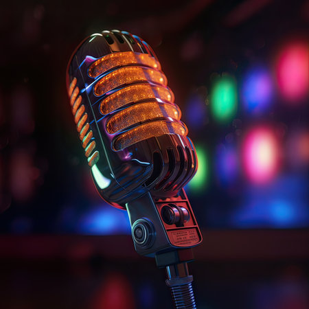 Retro microphone on the background of the nightclub. 3d illustrationの素材
