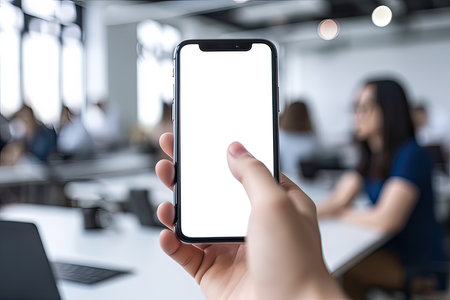 Mockup image of a hand holding black mobile phone with blank white screen over blurred background of officeの素材