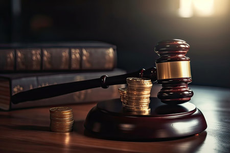Wooden judge gavel with stack of coins on table in courtroomの素材