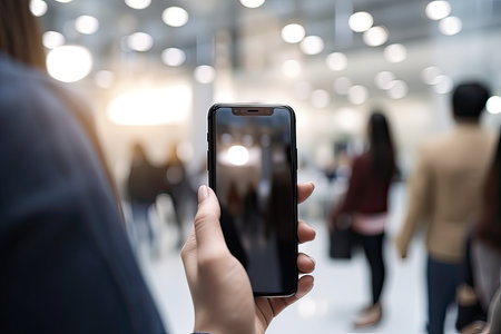 Woman hand holding smart phone with blur background of people in shopping mallの素材