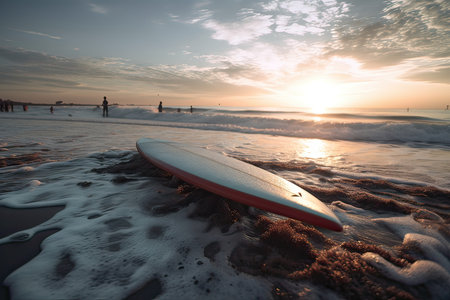 Surfboard on the beach at sunset, California, USA.の素材