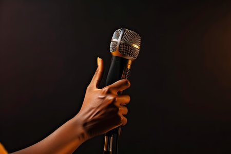 cropped image of african american woman holding microphone on black backgroundの素材