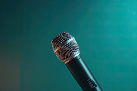 Microphone on a stand in front of a green wall with copy spaceの素材