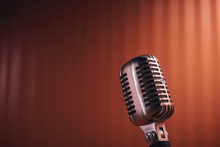 Vintage microphone on a red background with copy space for your textの素材