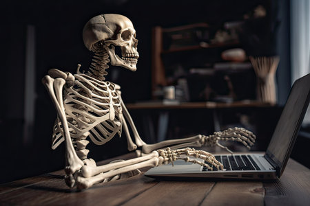 human skeleton in front of laptop computer on wooden table in dark roomの素材