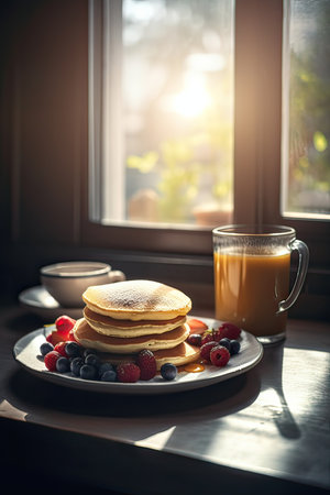Stack of pancakes with fresh berries and a cup of coffee on the window sillの素材
