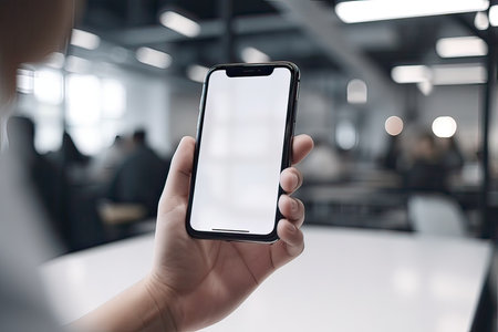 Mockup image of a hand holding a smartphone with blank screenの素材