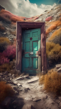 Old wooden door in the desert. Conceptual image. 3d renderingの素材
